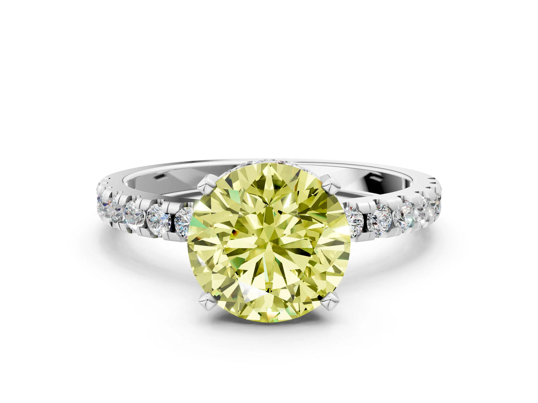 Platinum Fancy Yellow Round Cut Diamond Solitaire Ring with Round  Pavé Band and Four-Prong Setting_24