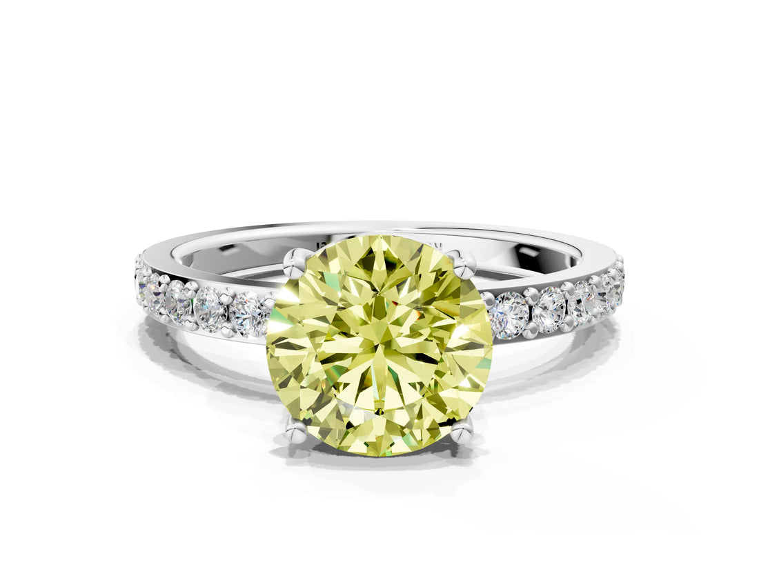 Platinum Fancy Yellow Round  Cut Diamond Solitaire with Pave Band and Four-Prong Setting 15