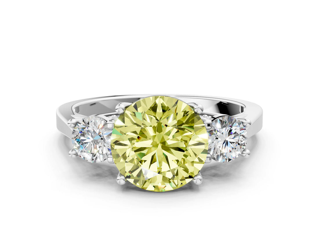 Platinum Fancy Yellow Round Cut Diamond Three-Stone Engagement Ring with Prong Setting and Pavé Band_12