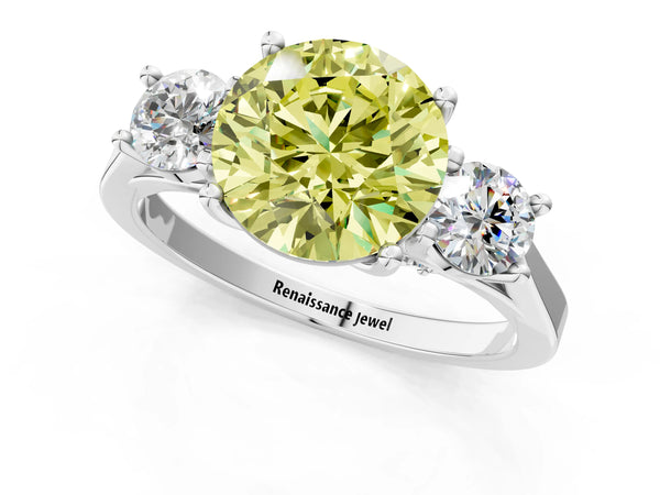Platinum Fancy Yellow Round Cut Diamond Three-Stone Engagement Ring with Prong Setting and Pavé Band