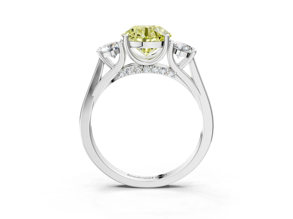Platinum Fancy Yellow Round Cut Diamond Three-Stone Engagement Ring with Prong Setting and Pavé Band