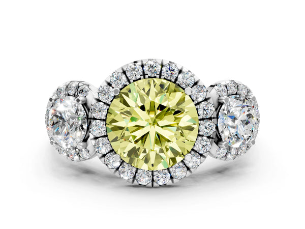 Platinum Round Three Stone Halo Engagement Ring Setting for Fancy Yellow Center