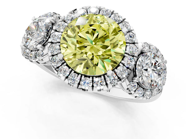 Platinum Round Three Stone Halo Engagement Ring Setting for Fancy Yellow Center
