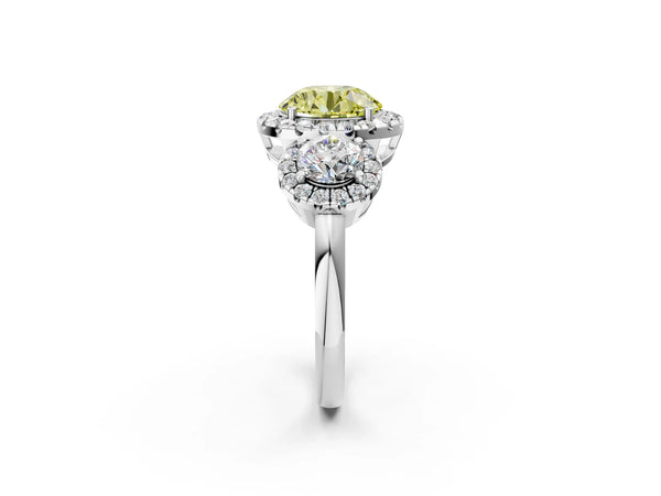 Platinum Round Three Stone Halo Engagement Ring Setting for Fancy Yellow Center