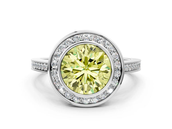 Platinum Fancy Yellow Round Cut Halo Bezel Diamond Pave Band Ring