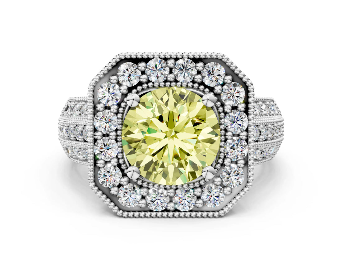 Platinum Fancy Yellow Round Cut Halo Diamond Engagement Ring with Pave Split Shank and Four-Prong Setting_36