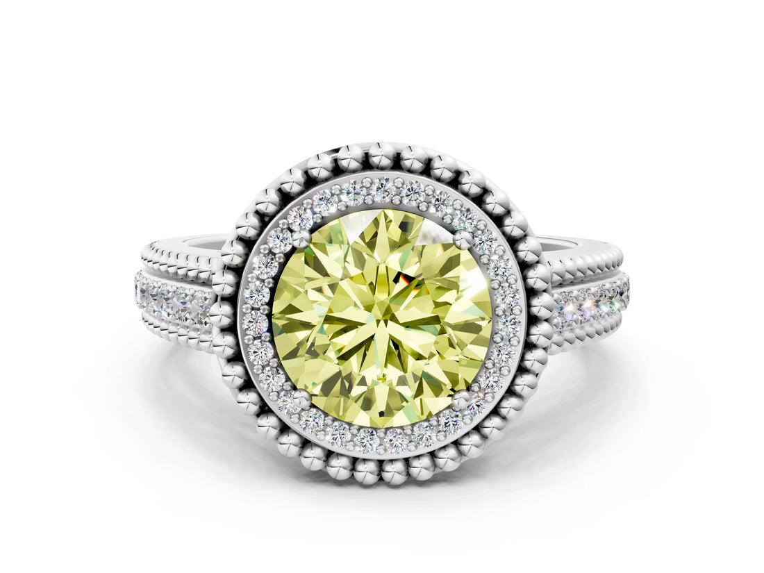 Platinum Fancy Yellow Round Cut Halo Diamond Ring with Beaded Split Shank and Four-Prong Setting_6