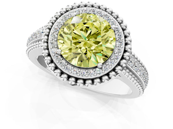 Platinum Round Beaded Halo Engagement Ring Setting for Fancy Yellow Center with Pave