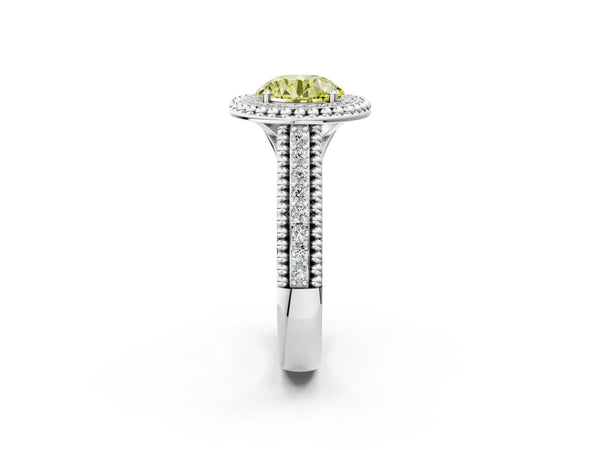 Platinum Round Beaded Halo Engagement Ring Setting for Fancy Yellow Center with Pave