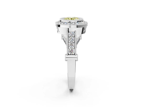 Platinum Round Vintage Bezel Halo Engagement Ring Setting for Fancy Yellow Center