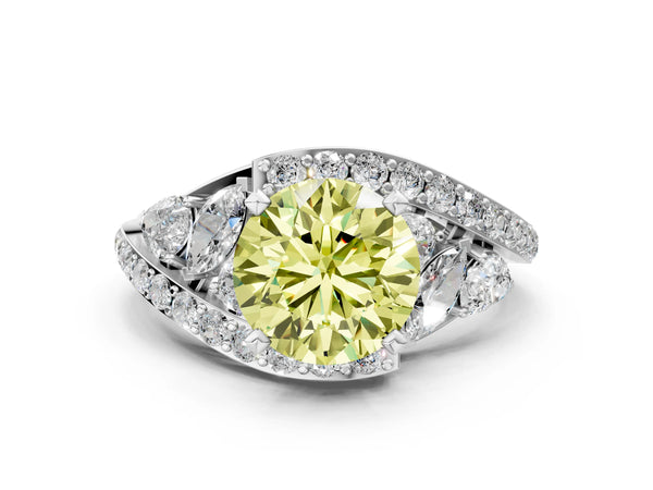 Platinum Fancy Yellow Round  Diamond Halo Ring with Marquise and Pavé Band in Prong Setting