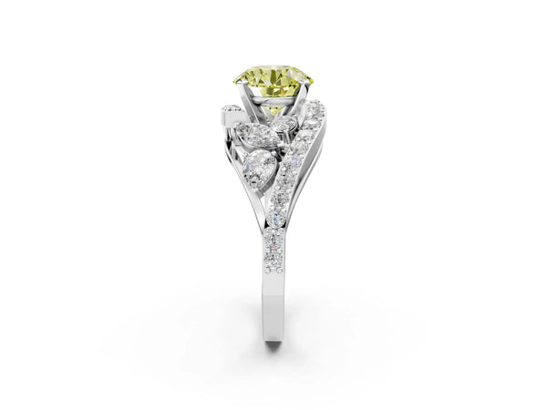 Platinum Fancy Yellow Round  Diamond Halo Ring with Marquise and Pavé Band in Prong Setting