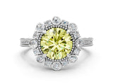 Platinum Fancy Yellow Round  Halo Milgrain Pave Diamond Ring with Four-Prong Setting