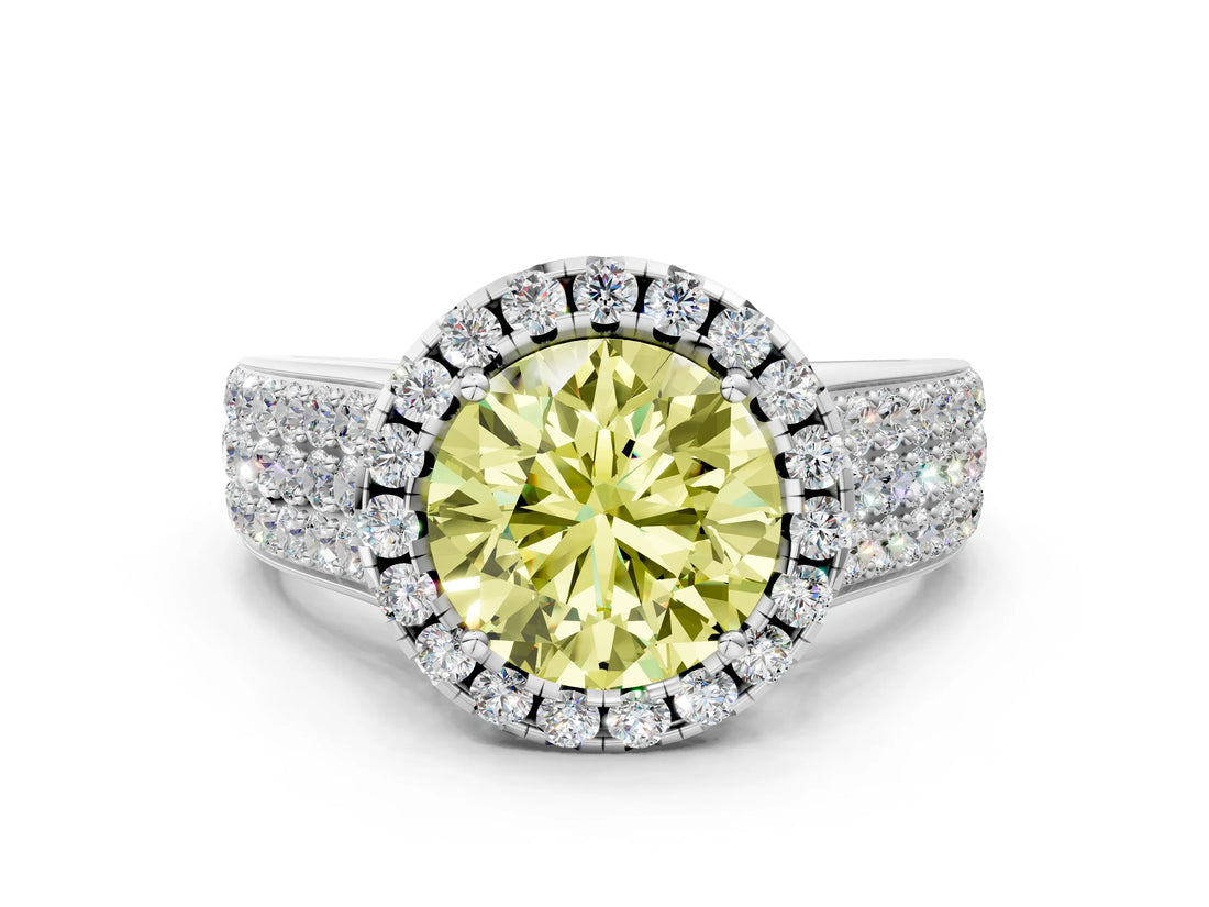 Platinum Fancy Yellow Round  Halo Round Diamond Pave Band with Prong Setting