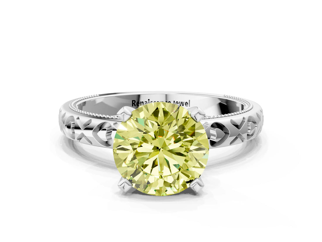 Platinum Fancy Yellow Round  Solitaire Diamond Engagement Ring with XO Engraved Band and Four-Prong Setting 1
