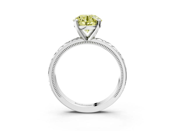Platinum Fancy Yellow Round  Solitaire Diamond Engagement Ring with XO Engraved Band and Four-Prong Setting