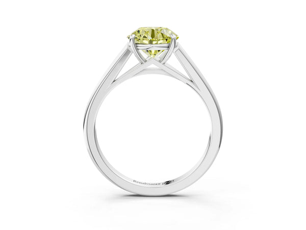 Platinum Fancy Yellow Round  Solitaire Engagement Ring with Four-Prong Setting and Classic Band