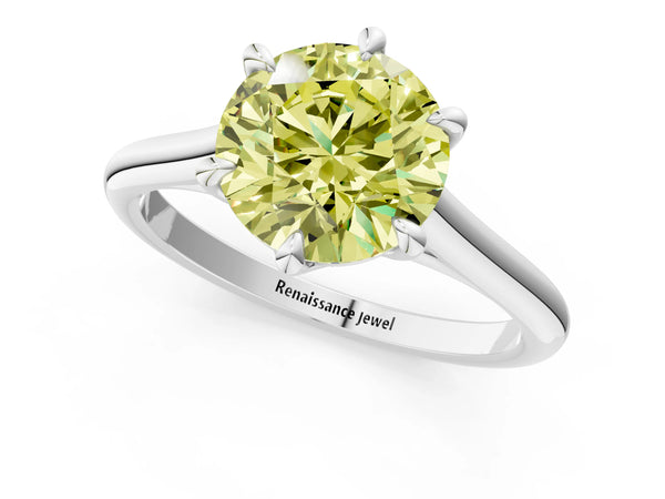 Platinum Fancy Yellow Round  Solitaire Engagement Ring with Six-Prong Setting and Classic Band
