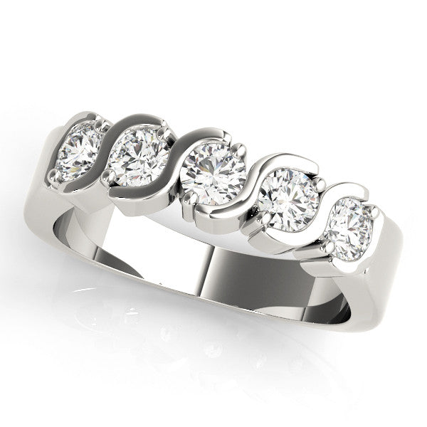 Platinum Five-Stone Round Diamond Wave Prong Setting White Gold Band