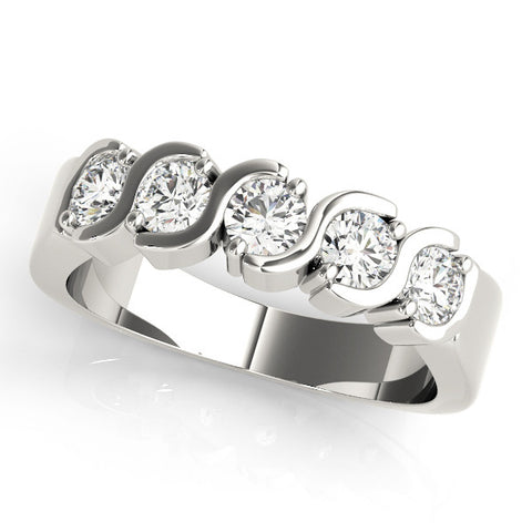 Platinum Five-Stone Round Diamond Wave Prong Setting White Gold Band
