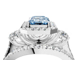 Platinum Halo Fancy Blue Emerald Cut Cut Split Shank Diamond Ring with Four-Prong Setting_10