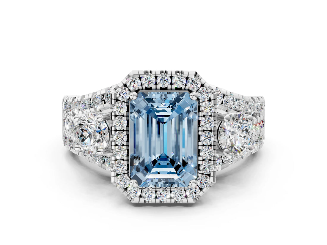 Platinum Halo Fancy Blue Emerald Cut Cut Split Shank Diamond Ring with Four-Prong Setting_6
