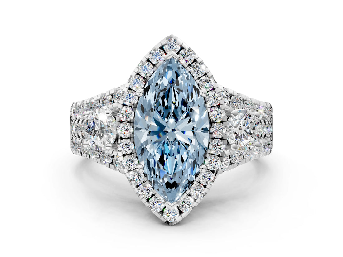Platinum Halo Fancy Blue Marquise Cut Cut Split Shank Diamond Ring with Four-Prong Setting_6