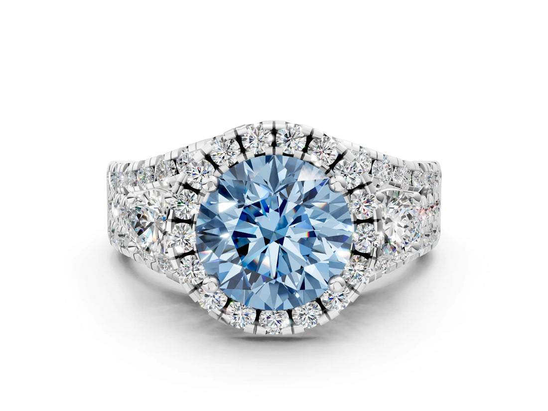 Platinum Halo Fancy Blue Round Cut Cut Split Shank Diamond Ring with Four-Prong Setting_6