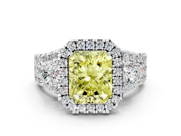 Platinum Halo Fancy Yellow Radiant Cut Cut Split Shank Diamond Ring with Four-Prong Setting