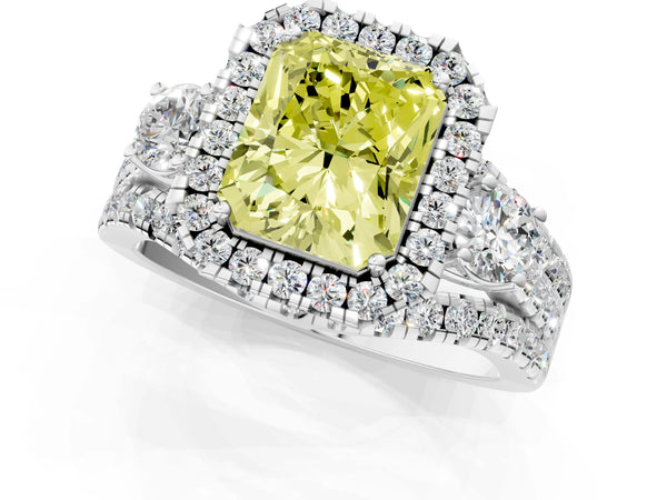 Platinum Halo Fancy Yellow Radiant Cut Cut Split Shank Diamond Ring with Four-Prong Setting