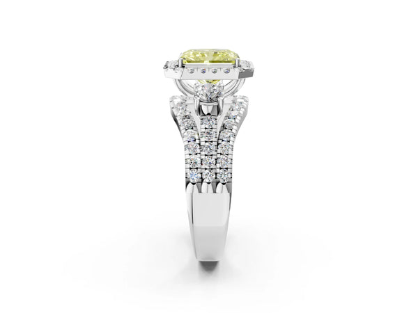 Platinum Halo Fancy Yellow Radiant Cut Cut Split Shank Diamond Ring with Four-Prong Setting