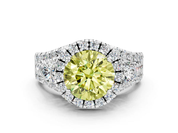Platinum Halo Fancy Yellow Round Cut Cut Split Shank Diamond Ring with Four-Prong Setting