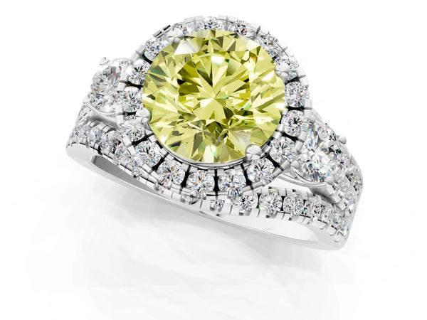 Platinum Halo Fancy Yellow Round Cut Cut Split Shank Diamond Ring with Four-Prong Setting