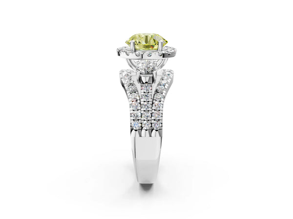 Platinum Halo Fancy Yellow Round Cut Cut Split Shank Diamond Ring with Four-Prong Setting