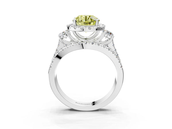 Platinum Halo Fancy Yellow Round Cut Cut Split Shank Diamond Ring with Four-Prong Setting