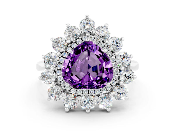 Platinum Heart Cut Amethyst Floral Double Halo Engagement Ring with Prong Setting