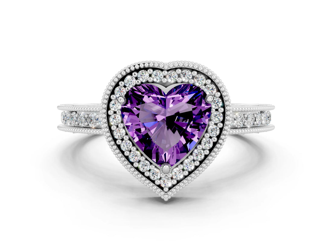 Platinum Heart Cut Amethyst Milgrain Halo Engagement Ring with Round Pavé Band and Prong Setting_12