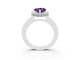 Platinum Heart Cut Amethyst Milgrain Halo Engagement Ring with Round Pavé Band and Prong Setting_15