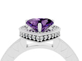 Platinum Heart Cut Amethyst Milgrain Halo Engagement Ring with Round Pavé Band and Prong Setting_16