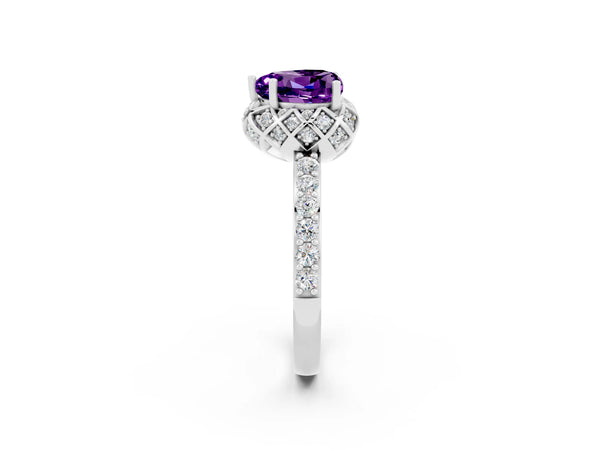 Platinum Heart Cut Amethyst Scalloped Halo Engagement Ring with Round Shared Prong Band