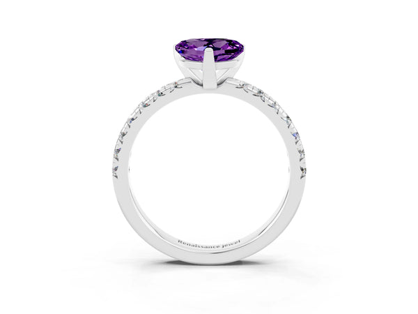 Platinum Heart Cut Amethyst Solitaire Pavé Engagement Ring with Round Band and Prong Setting