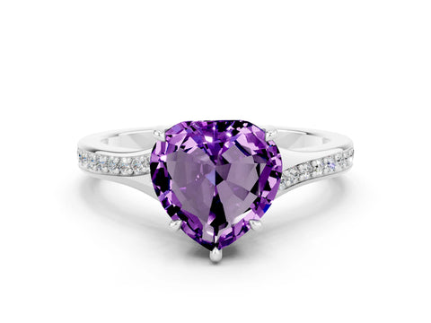 Platinum Heart Cut Amethyst Solitaire Ring with Pavé Band and Prong Setting_12
