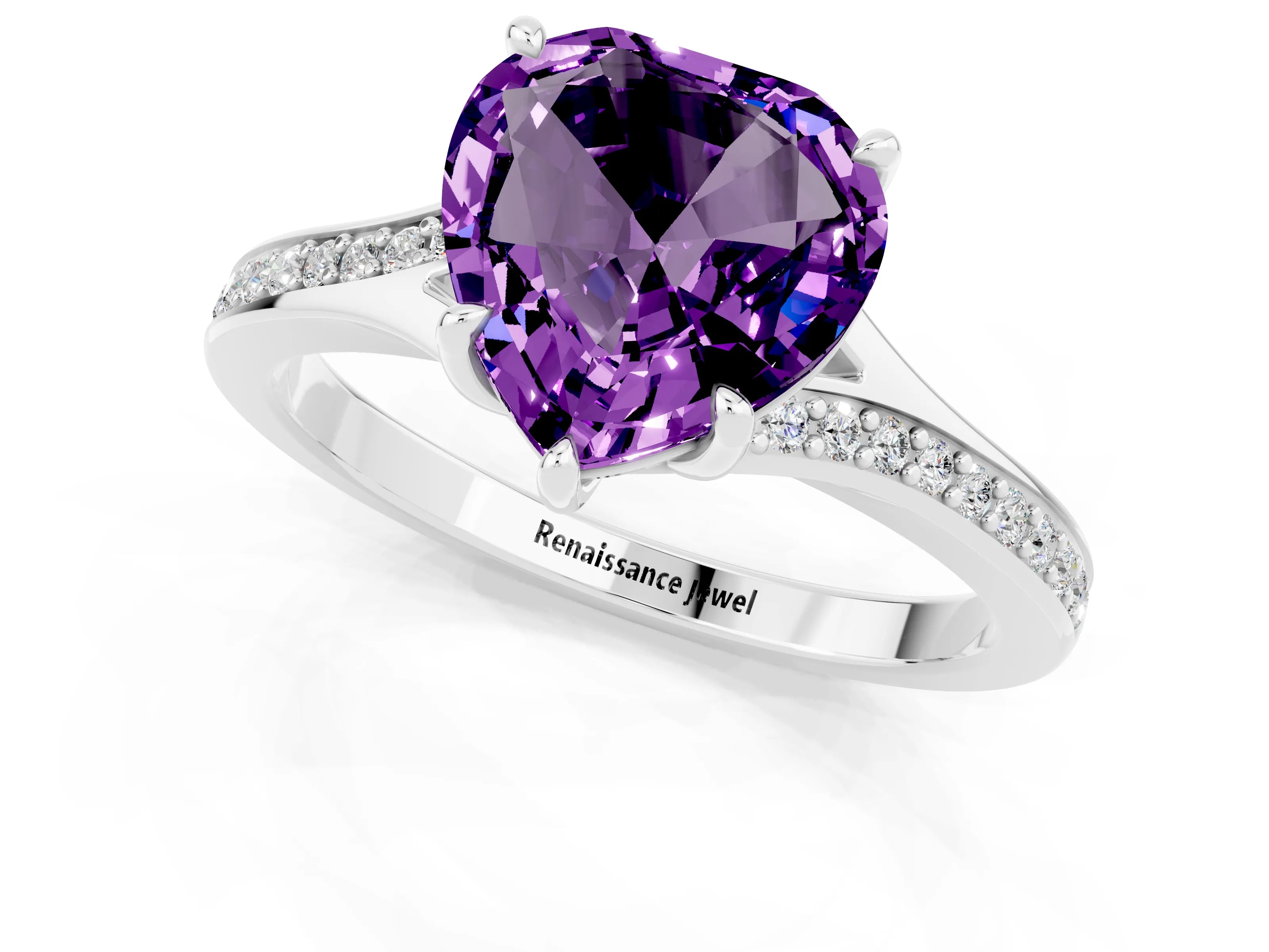 Platinum Heart Cut Amethyst Solitaire Ring with Pavé Band and Prong Setting_13