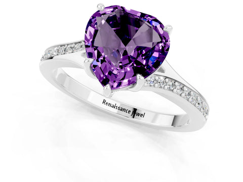 Platinum Heart Cut Amethyst Solitaire Ring with Pavé Band and Prong Setting_13