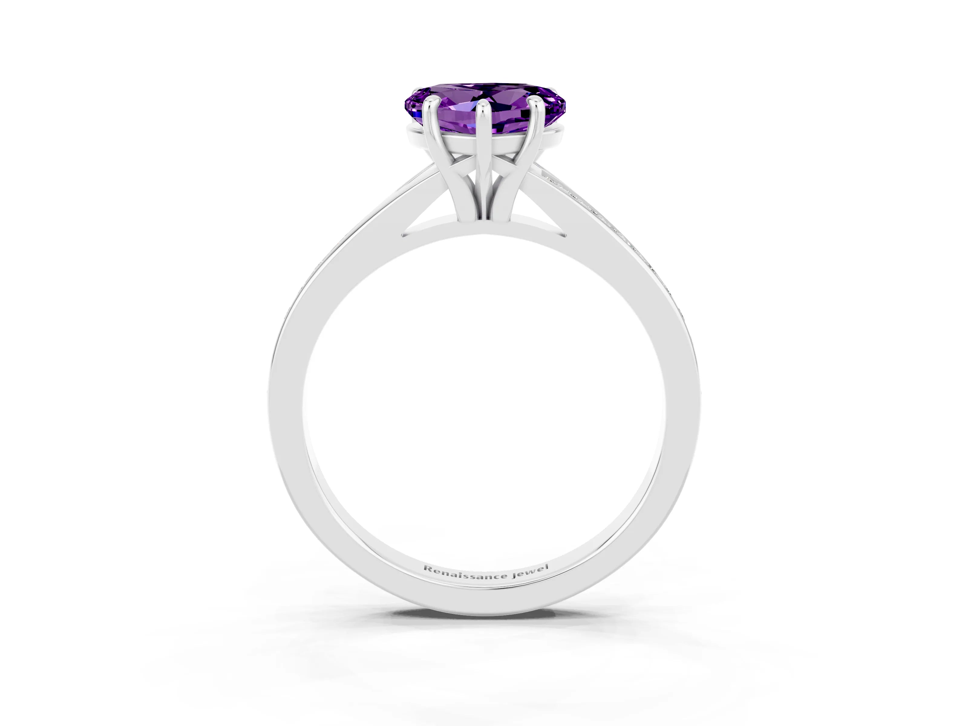 Platinum Heart Cut Amethyst Solitaire Ring with Pavé Band and Prong Setting_15
