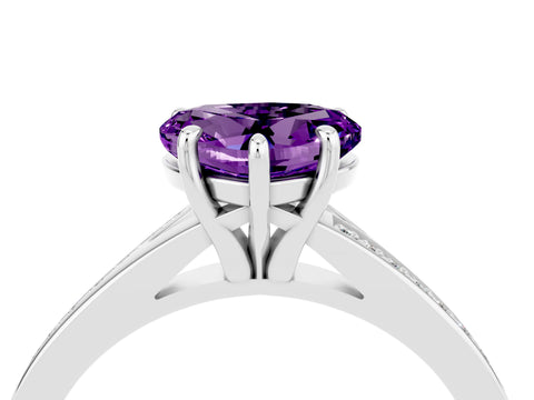Platinum Heart Cut Amethyst Solitaire Ring with Pavé Band and Prong Setting_16