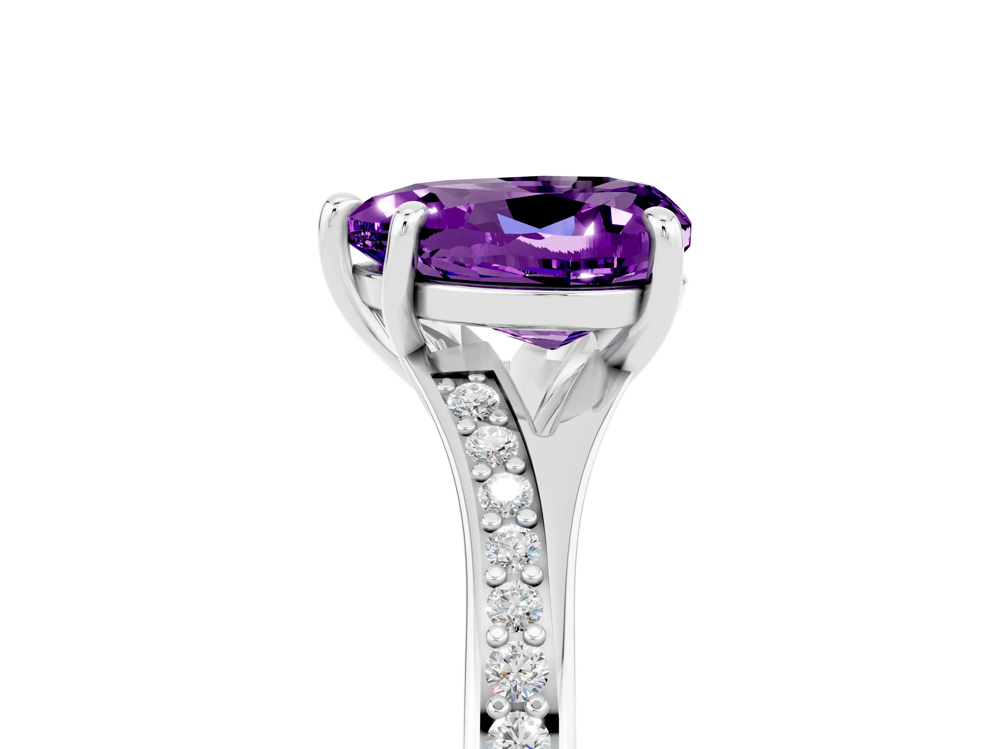 Platinum Heart Cut Amethyst Solitaire Ring with Pavé Band and Prong Setting_17