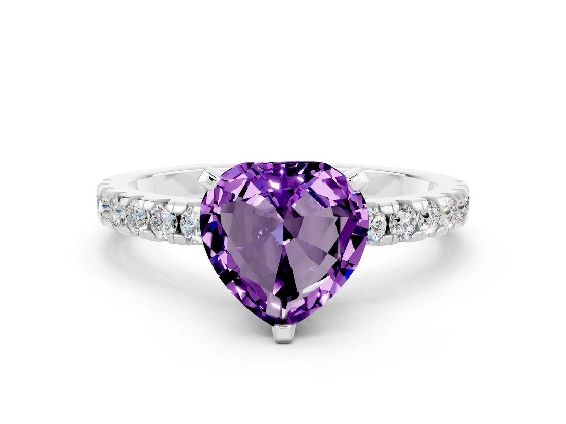 Platinum Heart Cut Amethyst Solitaire Ring with Round  Pavé Band and Four-Prong Setting_24