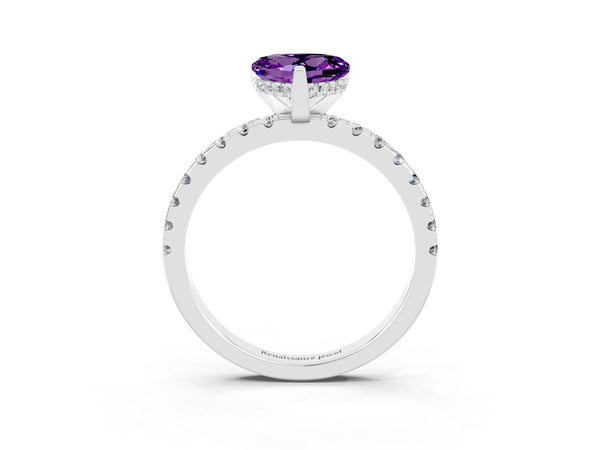 Platinum Heart-Shaped Amethyst Hidden Halo Engagement Ring with Pave Band