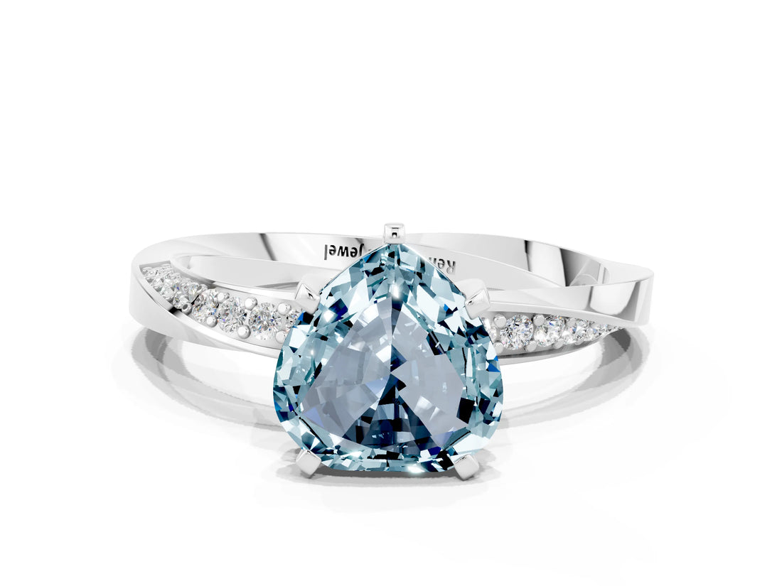 Platinum Heart Cut Aquamarine Engagement Ring with Side Stone Accents and Four-Prong Setting_12